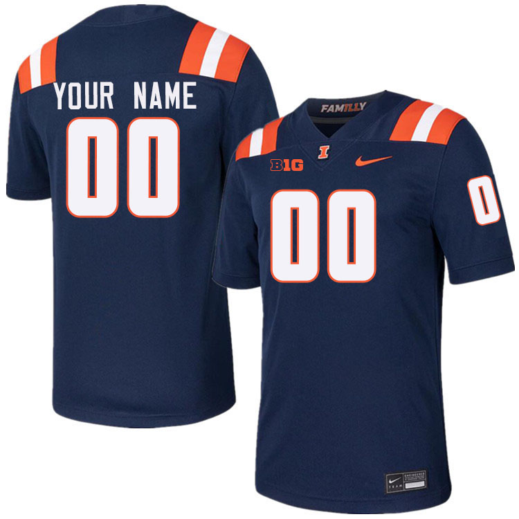 Custom Illinois Fighting Illini Name And Number Football Jersey-Navy